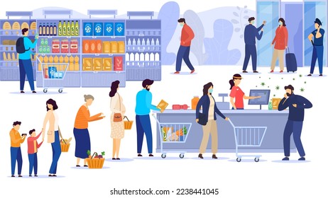 Coronavirus 2019-ncov epidemic china wuhan city epidemic disease vector illustration. Outbreak virus epidemic flu people in mask in city shop market moll. Panic on street. Airport door police