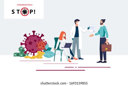 Coronavirus 2019-nCoV, epidemics. Laboratory study by a doctor with a pandemic viral disease COVID-19. Businessman with finances to fight virus in hospital for people. Health care, vector illustration