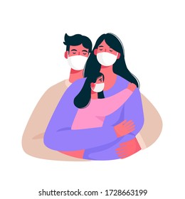 Coronavirus 2019-nCoV. Family wearing protective surgical Medical mask for prevent virus Covid-19. Health care. Fears of getting coronavirus. Global viral pandemic.Flat cartoon vector illustration