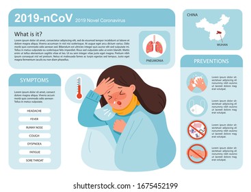 Coronavirus 2019-ncov flu infographics elements, Health and Medical. Dangerous illness corona virus. Woman get sick. She is coughing and suffering from chest pain. Hygiene mask. Virus protection.