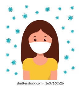 Coronavirus 2019-nCoV. Global epidemic of novel coronavirus. Girl in facial mask and illustration of virus in green with crossed out stop sign.