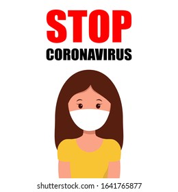 Coronavirus 2019-nCoV. Global epidemic of novel coronavirus. Wuhan virus. Girl in facial mask and illustration of virus in green with crossed out stop sign.