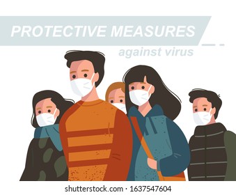 Coronavirus 2019-nCoV. Coronavirus. Group of people standing in face masks during Coronavirus pandemic.  Health care. Viral infection protection. Influenza pandemic. Flu outbreak. 