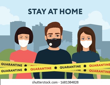 Coronavirus 2019-nCoV. Group people wearing protective face masks. Stay at home awareness campaign. Vector illustration.