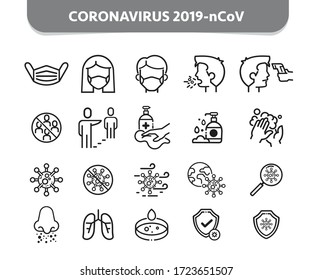 Coronavirus 2019-nCoV icon set. Simple Set of Coronavirus Safety Related Vector Line Icons. Contains such Icons as Washing Hands, Man and Woman Wearing Face Mask and more. 