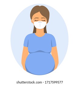 
Coronavirus 2019-nCoV illustration. Pregnant woman wearing white medical face mask. Quarantine and self-isolation.Vector flat illustration. Happy pregnancy and healthy materniry