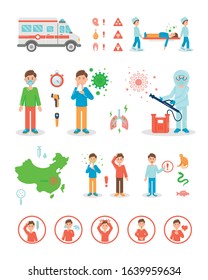 Coronavirus 2019-nCoV illustration. Primary symptoms and main measures from infections. Vector elements showing the pathways of coronavirus infection. Medical Infographics.