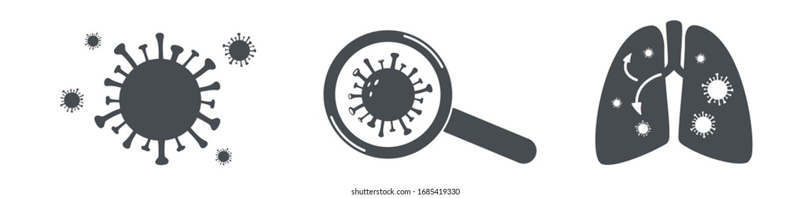 Coronavirus 2019-nCoV Infografik-Design-Elemente auf weißem Hintergrund. Isolierte Corona-Virus-Flachsymbol mit Covid19-Silhouette, Nachweis von Infektionen und Lungenaffektion. Wuhan-Lungenentzündung. Vektorillustration