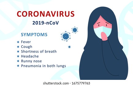 Coronavirus 2019-nCoV infographic symptoms. Arabic woman in white medical face mask and hijab. Design concept for protection against a viral pandemic. Flat vector illustration.