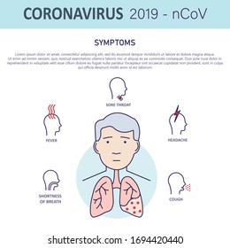Coronavirus 2019-nCoV infographic with Symptoms. The Virus Attacks the Respiratory Tract. Stop the infection coronavirus. Health care concept. Flat vector illustration. 