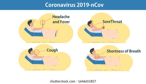 Coronavirus 2019-nCov infographic. Vector stock illustration. Coronavirus Symptoms: feeling tired, headache, shortness of breath, fever, cough and sore throat. Sick man lies on bed with thermometer. 