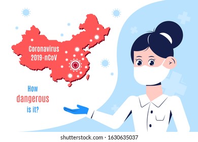 Coronavirus 2019-nCoV information banner. Wuhan virus alert. Female doctor with Map of China and the Coronavirus outbreak in Wuhan. Flat style vector design.