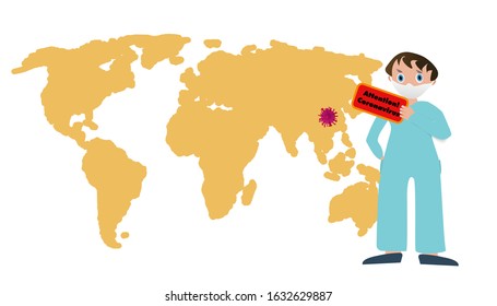 Coronavirus 2019-nCoV information banner. Wuhan virus alert. Male doctor with Map of China and the Coronavirus outbreak in Wuhan. Vector illustration on white isolated background.