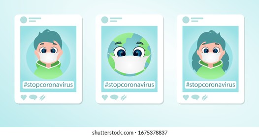 Coronavirus (2019-nCoV), the man, Earth and woman in white medical face mask. Social media instagram photo frame whis hashtag Stop coronavirus. Vector illustration in flat style