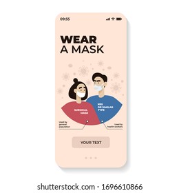 Coronavirus 2019-nCoV mobile template showing how to wear surgical and n95 masks. Infected person. Characters in masks. Vector illustration