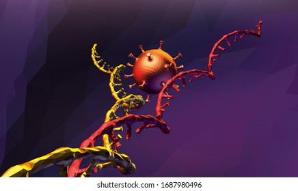 Coronavirus, 2019-ncov modifies cell DNA, low poly, vector image.