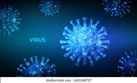 Coronavirus 2019-nCov novel coronavirus low poly abstract concept. Microscopic view of virus cells close up. Dangerous ncov corona virus, SARS pandemic risk. 3D polygonal vector illustration.