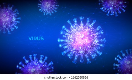 Coronavirus 2019-nCov novel coronavirus low poly abstract concept. Microscopic view of virus cells close up. Dangerous ncov corona virus, SARS pandemic risk. 3D polygonal vector illustration.