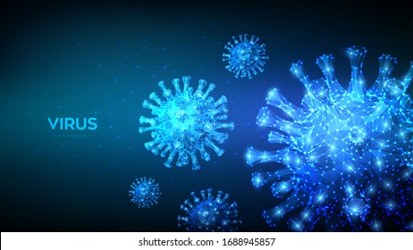 Coronavirus 2019-Cov Roman Coronavirus Low-Poly-Abstrakte Konzept. Mikroskopische Darstellung von Viruszellen, Nahaufnahme. Gefährliches Ncov-Corona-Virus, Pandemierisiko SARS. 3D-Polygonal-Vektorgrafik.