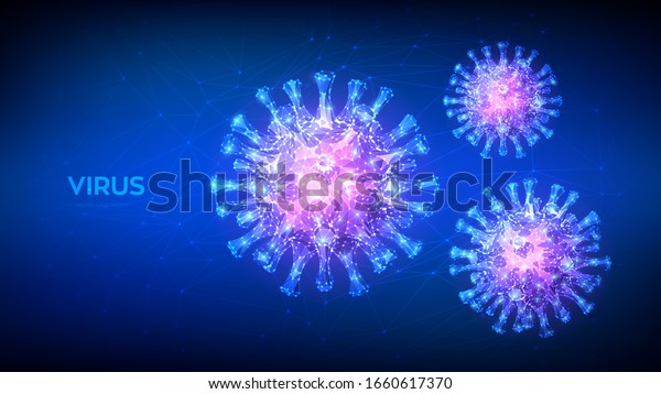 Coronavirus 2019-nCov novel coronavirus low poly abstract concept. Microscopic view of virus cells close up. Dangerous ncov corona virus, SARS pandemic risk. 3D polygonal vector illustration.
