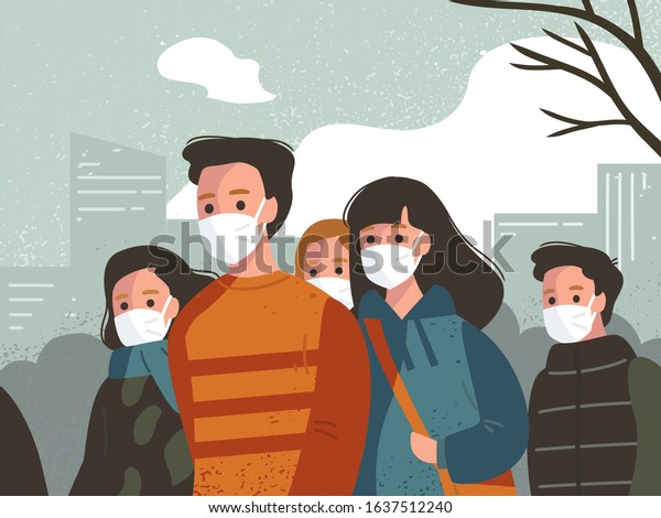 Coronavirus 2019-nCoV. Coronavirus pandemic. Crowd of\
people in the face masks during Coronavirus pandemic.. Health care.\
Viral infection protection. Influenza pandemic. Flu outbreak.\
