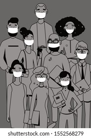 coronavirus (2019-nCoV) people wearing face masks, air pollution, contaminated air, world pollution. Group of coworkers wearing medical masks to prevent disease, flu, gas mask. 