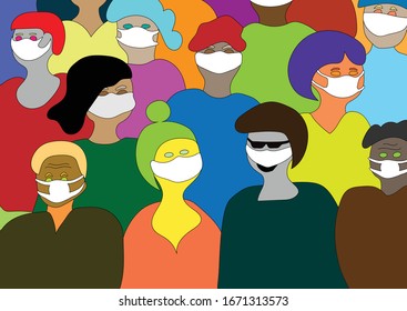 Coronavirus (2019-nCoV) with people in white medical face mask. Concept of coronavirus quarantine vector illustration
