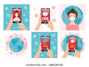 Coronavirus 2019-nCoV. Person views news about a viral epidemic in the world through an app on a smartphone, buy a medical mask, consult a doctor online. Woman in a protective medical mask. Quarantine