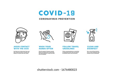 Coronavirus 2019-nCov Prevention with simple outlined illustration. Avoid contact with the sick, wash hands, change in traveling plans, clean and disinfect.