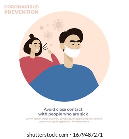 Coronavirus 2019-nCoV Prevention And Symptoms Illustration With Recommendations To Avoid Close Contact
With People Who Are Sick. Infected Person. Vector Illustration