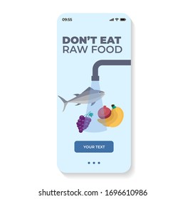 Coronavirus 2019-nCoV prevention and symptoms mobile template with recommendations don't eat raw food,
thoroughly cook meat and eggs. Vector illustration