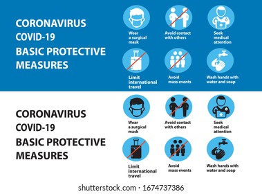 Coronavirus 2019-nCoV prevention tips, how to prevent coronavirus. Infographic elements. Pneumonia disease. Blue background.