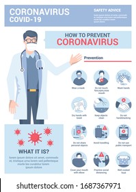 Coronavirus 2019-nCoV prevention tips, how to prevent coronavirus and healthcare educational infographic. Vector Illustration