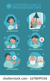 Coronavirus 2019-nCoV prevention tips - wash your hands, use disinfectants, do not touch  face, avoid handshakes, wear a face mask, and stay at home. Infographics or poster in a flat cartoon style.