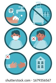 Coronavirus 2019-nCoV prevention. Wash your hands, comply with quarantine, wear a mask, don’t touch your face, avoid handshakes, stay at home. Set of icons in a flat cartoon style.