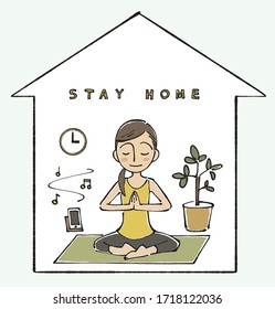 Coronavirus 2019-nCoV quarantine illustration.Young woman doing yoga or meditation at home . Healthy lifestyle and home yoga concept.Vector illustration