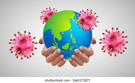 Coronavirus 2019-nCov Realistic hand holding globe with group of coronaviruses. Perfect for banner, background. Vector illustration