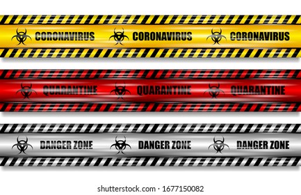 Coronavirus (2019-nCOV), realistic seamless yellow, red and white security tapes on isolated background, set coronavirus tapes, realistic vector illustration
