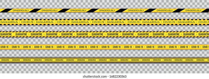 Coronavirus (2019-nCOV), realistic seamless yellow and white security tapes, warning tape for fencing flu. Global pandemic of COVID-2019. Pandemic Novel coronavirus COVID-19 disease. Vector illustration.