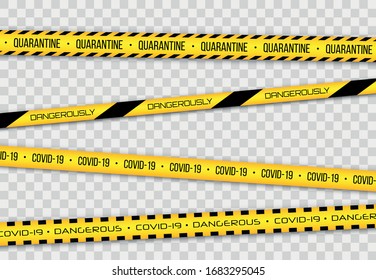 Coronavirus (2019-nCOV), realistic seamless yellow and white security tapes, warning tape fencing flu. Global pandemic of COVID-2019. Pandemic Novel coronavirus COVID-19 disease. Vector illustration.