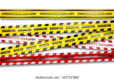 Coronavirus 2019-nCOV realistic yellow and red tapes on isolated background, set coronavirus tapes, realistic vector illustration