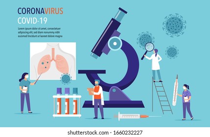 Coronavirus 2019-nCoV escena - investigación y desarrollo de medicamentos. Grupo de científicos, médicos que trabajan en laboratorio. Ilustración del vector
