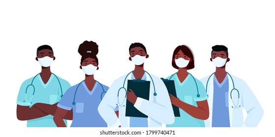 Coronavirus 2019-nCoV. Set of Black doctors characters in white medical face mask. Stop Coronavirus concept. Medical team doctor nurse therapist surgeon professional hospital workers, group of medics.