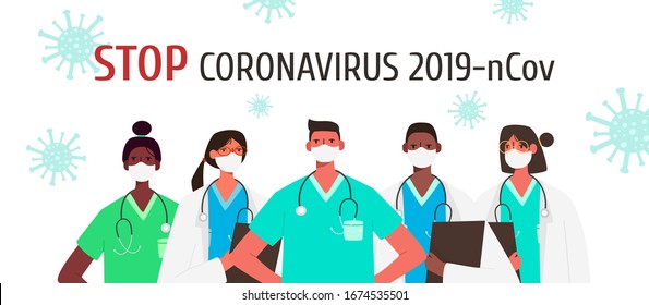 Coronavirus 2019-nCoV. Set of doctors characters in white medical face mask. Stop Coronavirus concept. Medical team doctor nurse therapist surgeon professional hospital workers, group of medics.