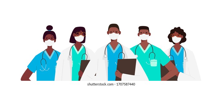 Coronavirus 2019-nCoV. Set of doctors characters in white medical face mask. Stop Coronavirus concept. Medical team doctor nurse therapist surgeon professional hospital workers, group of medics.