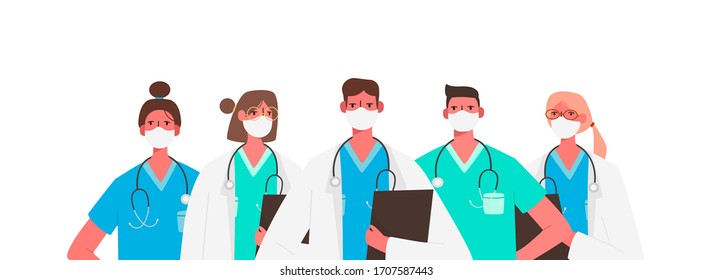 Coronavirus 2019-nCoV. Set of doctors characters in white medical face mask. Stop Coronavirus concept. Medical team doctor nurse therapist surgeon professional hospital workers, group of medics.