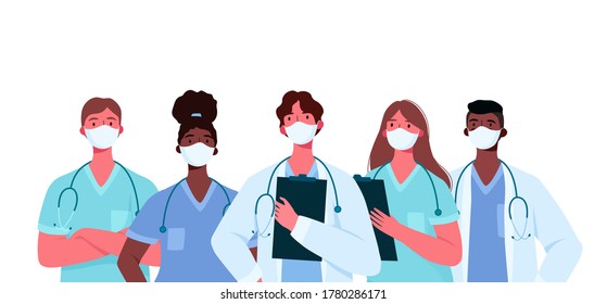 Coronavirus 2019-nCoV. Set of doctors characters in white medical face mask. Stop Coronavirus concept. Medical team doctor nurse therapist surgeon professional hospital workers, group of medics.