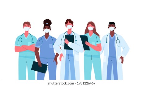 Coronavirus 2019-nCoV. Set of doctors characters in white medical face mask. Stop Coronavirus concept. Medical team doctor nurse therapist surgeon professional hospital workers, group of medics.