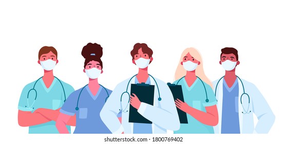 Coronavirus 2019-nCoV. Set of doctors characters in white medical face mask. Stop Coronavirus concept. Medical team doctor nurse therapist surgeon professional hospital workers, group of medics.