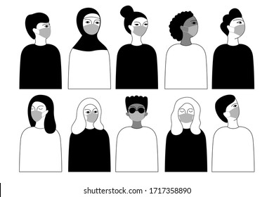 Coronavirus( 2019-nCoV). Set of people in medical masks. Hand-drawn black and white vector illustration